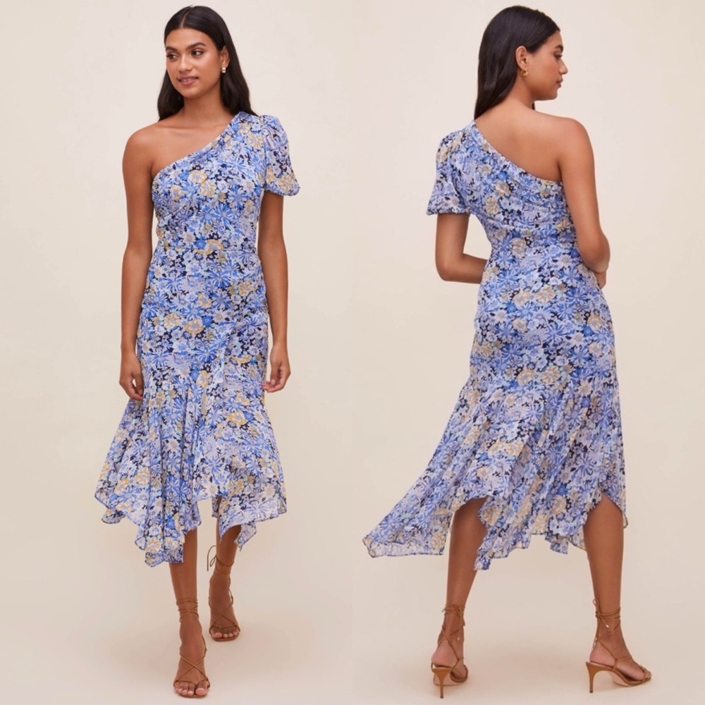 NWT ASTR The Label Santorini One Shoulder Asymmetrical Midi Dress Blue Floral